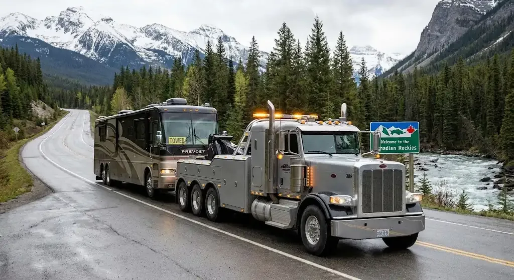 Abbotsford heavy-duty tow truck with RV in transport