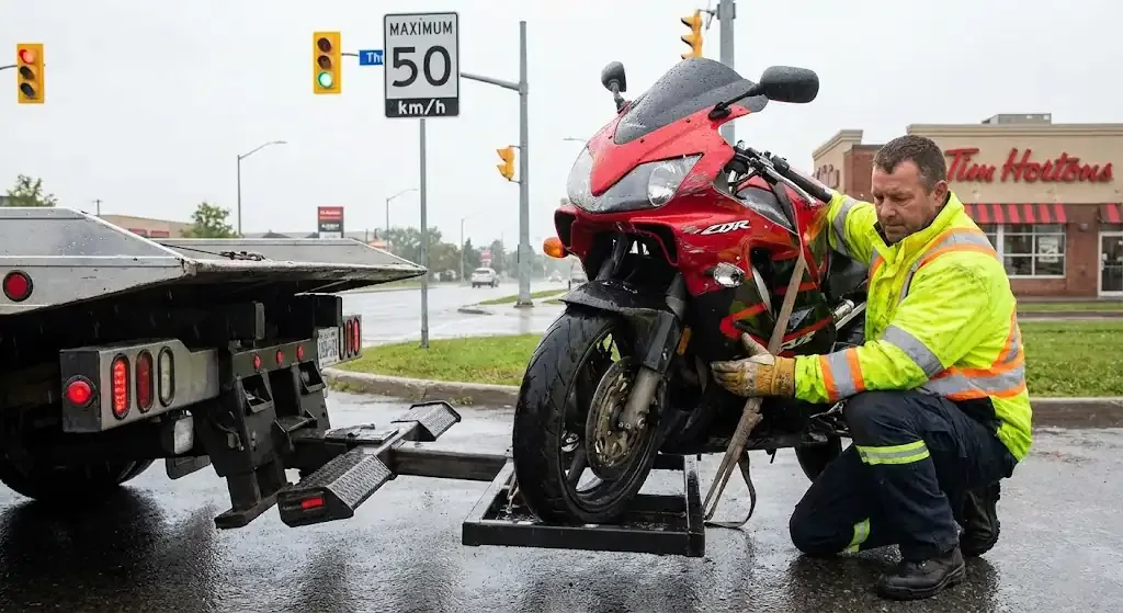 Abbotsford motorcycle being safely loaded for transport