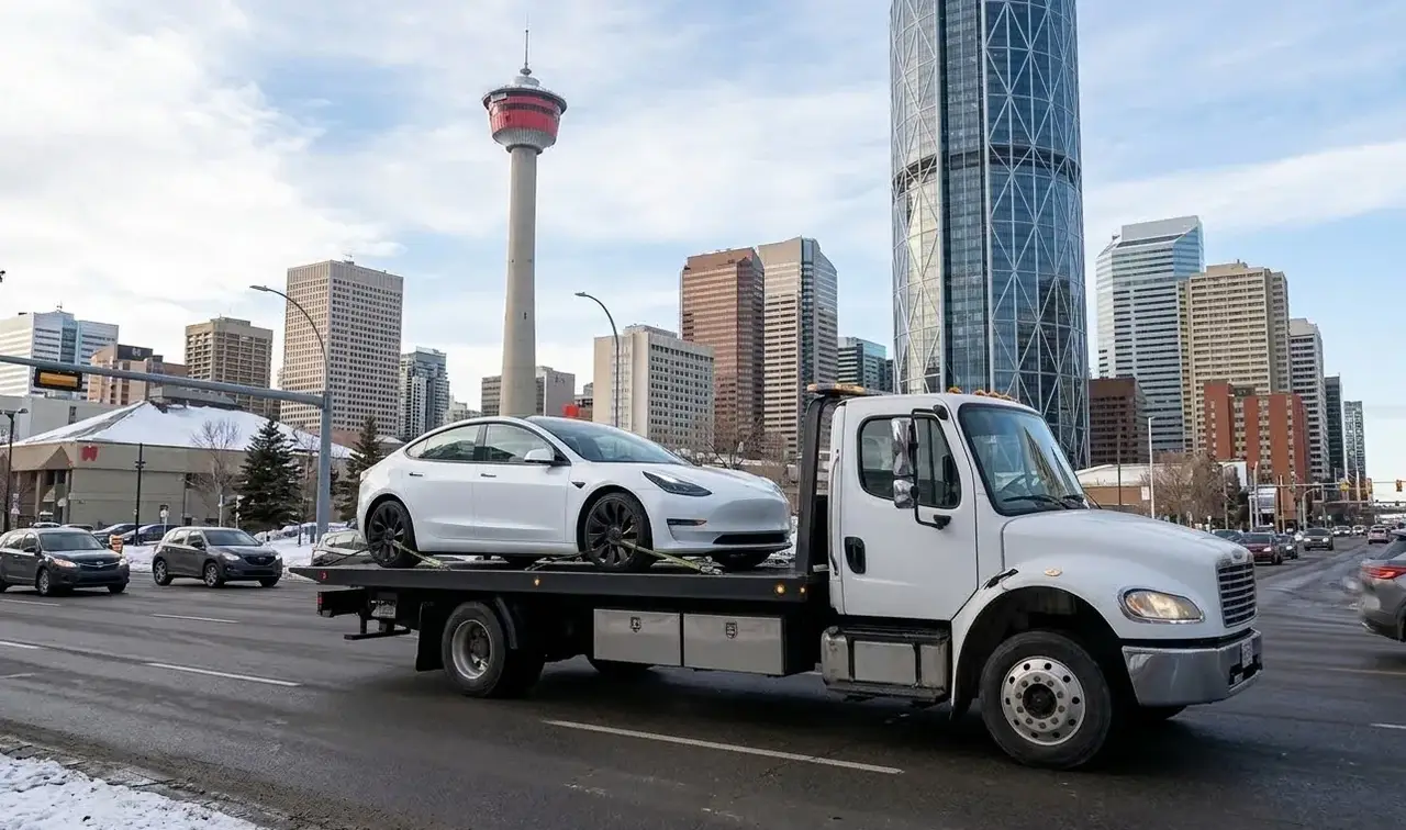 Abbotsford electric vehicle on flatbed transport